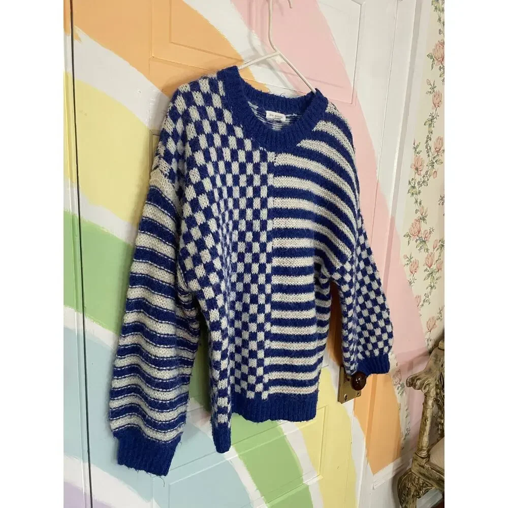 Blu Pepper Large Blue Ivory Mixed Pattern Checkerboard Knit Sweater